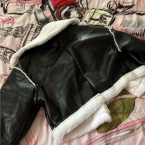 Black and White Leather Jacket with Plush Lining